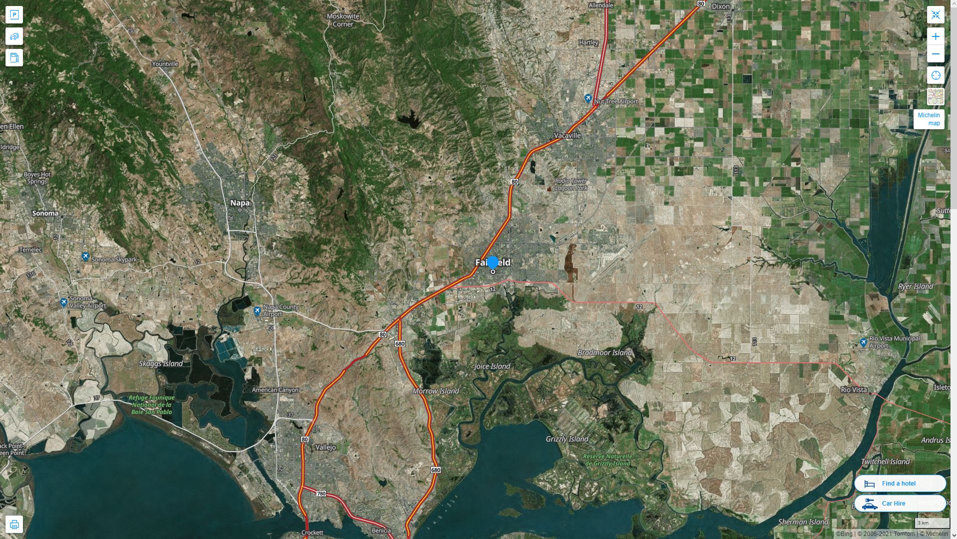 Fairfield California Highway and Road Map with Satellite View